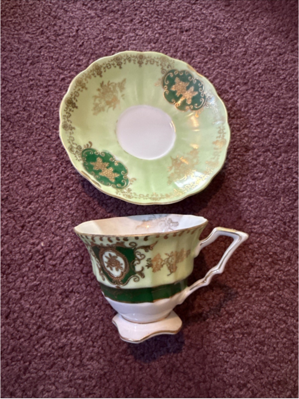 UCAGCO Demitasse Cup Saucer Occupied Japan 1945-1952 Fluted Green Swirls w/Gold